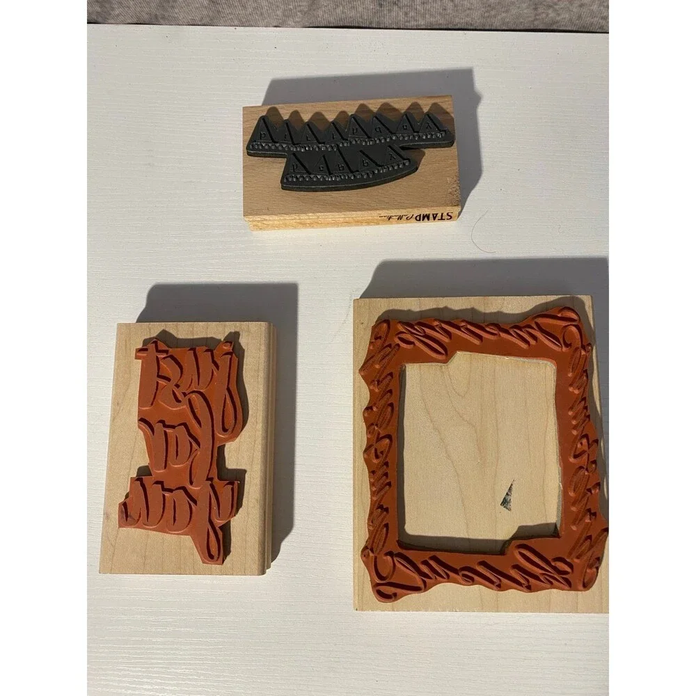 3pc Wood Rubber Stamp Lot DeNami Christmas Frame American Crafts Happy Birthday